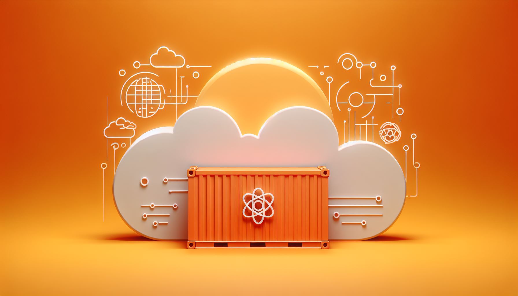 A simple, empty orange background with minimal abstract cloud icons, Kubernetes container.